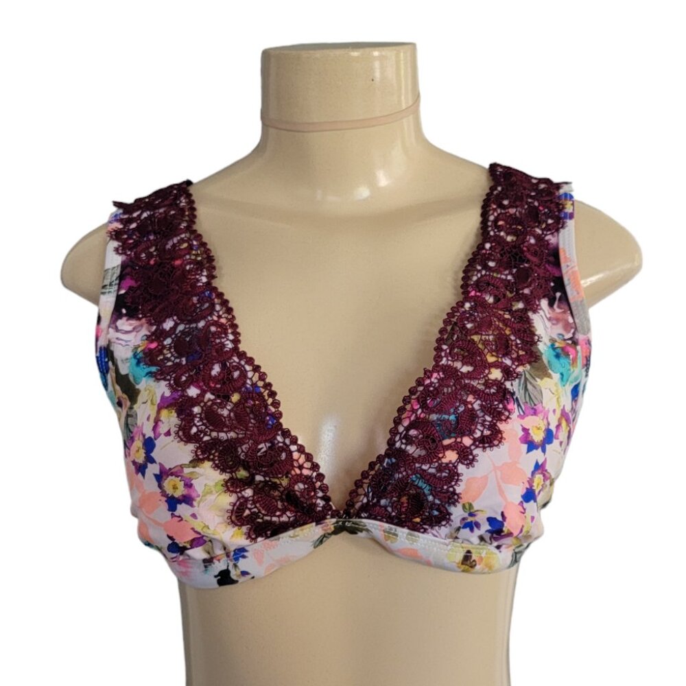 Floral V Neck Halter Bikini Top w WIne Red Lace Trim